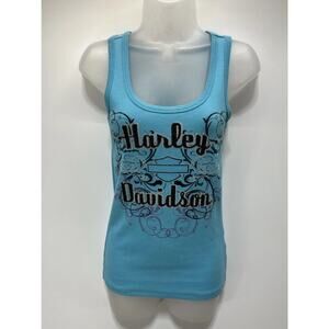 Vtg Harley Davidson Blue/black Tank Top With Rhinestones- Size Womens M Made USA